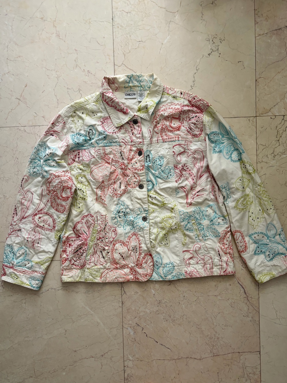 Chico's White Jean Jacket with Red, Blue and Green Floral Embroidery